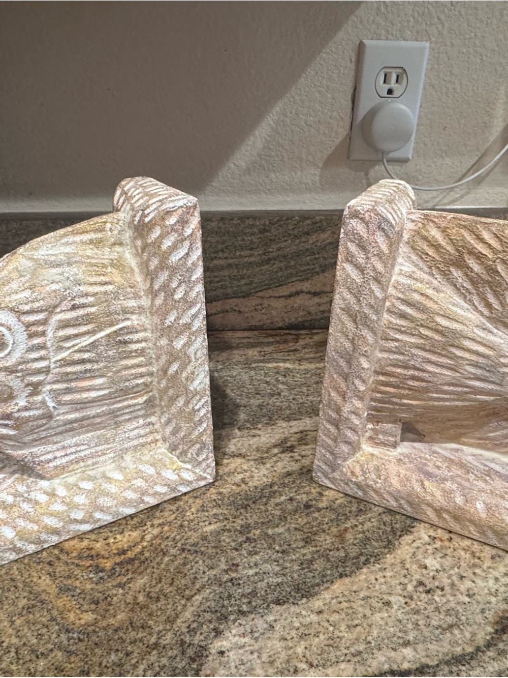 Carved Coastal-Style Fish Bookends in White and Tan wood with gold shine